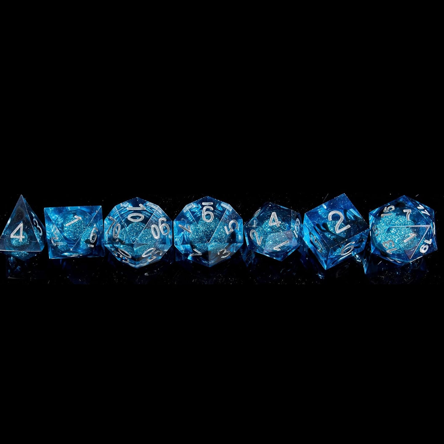 Handcrafted 7-Piece Blue Sand & Silver DND Dice Set with Liquid Core and Gift Case - Perfect for Dungeons & Dragons and RPG Table Games