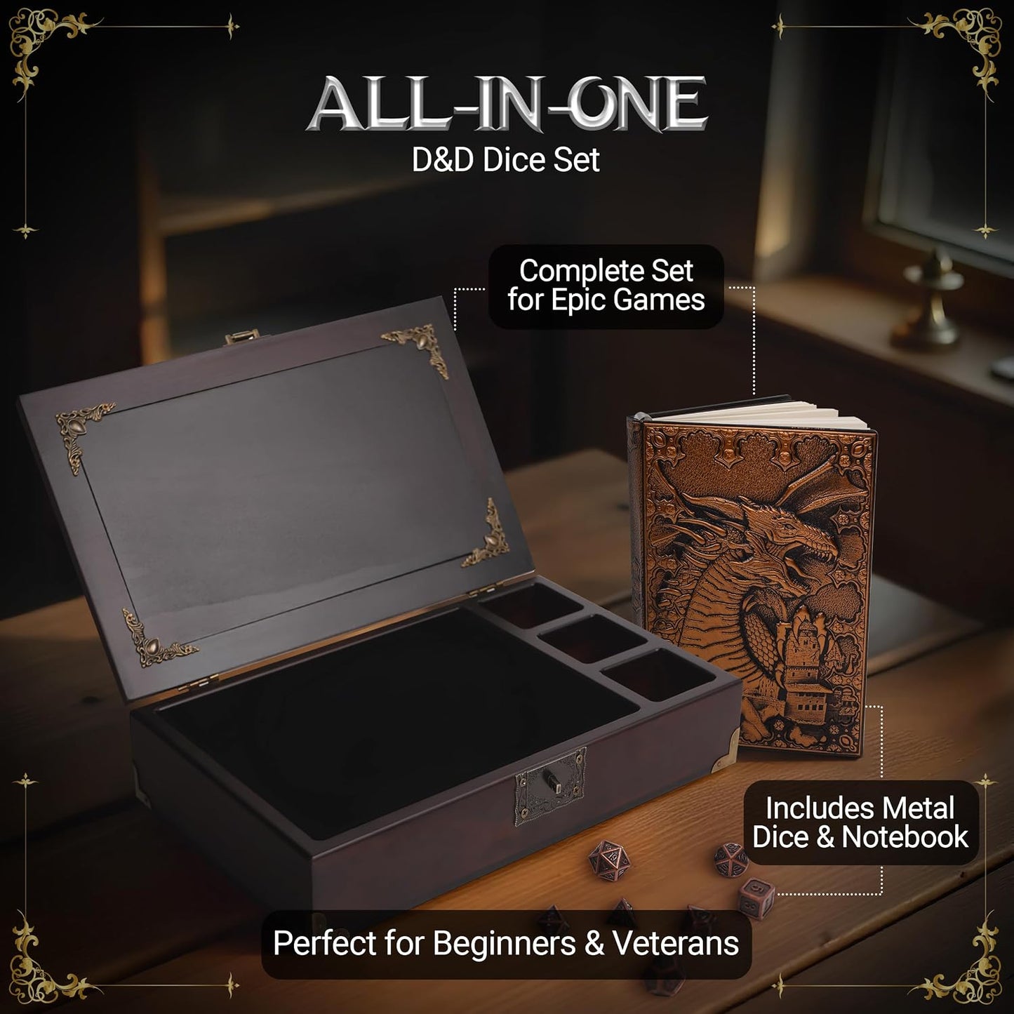 Dungeons and Dragons Starter Set 3 in 1 - Dnd Dice Tray with Metal Dnd Set - Dnd Dice Box | DND Starter Set with Dnd Journal (200 Page) - Dnd Starter Kit for Dungeons & Dragons Players