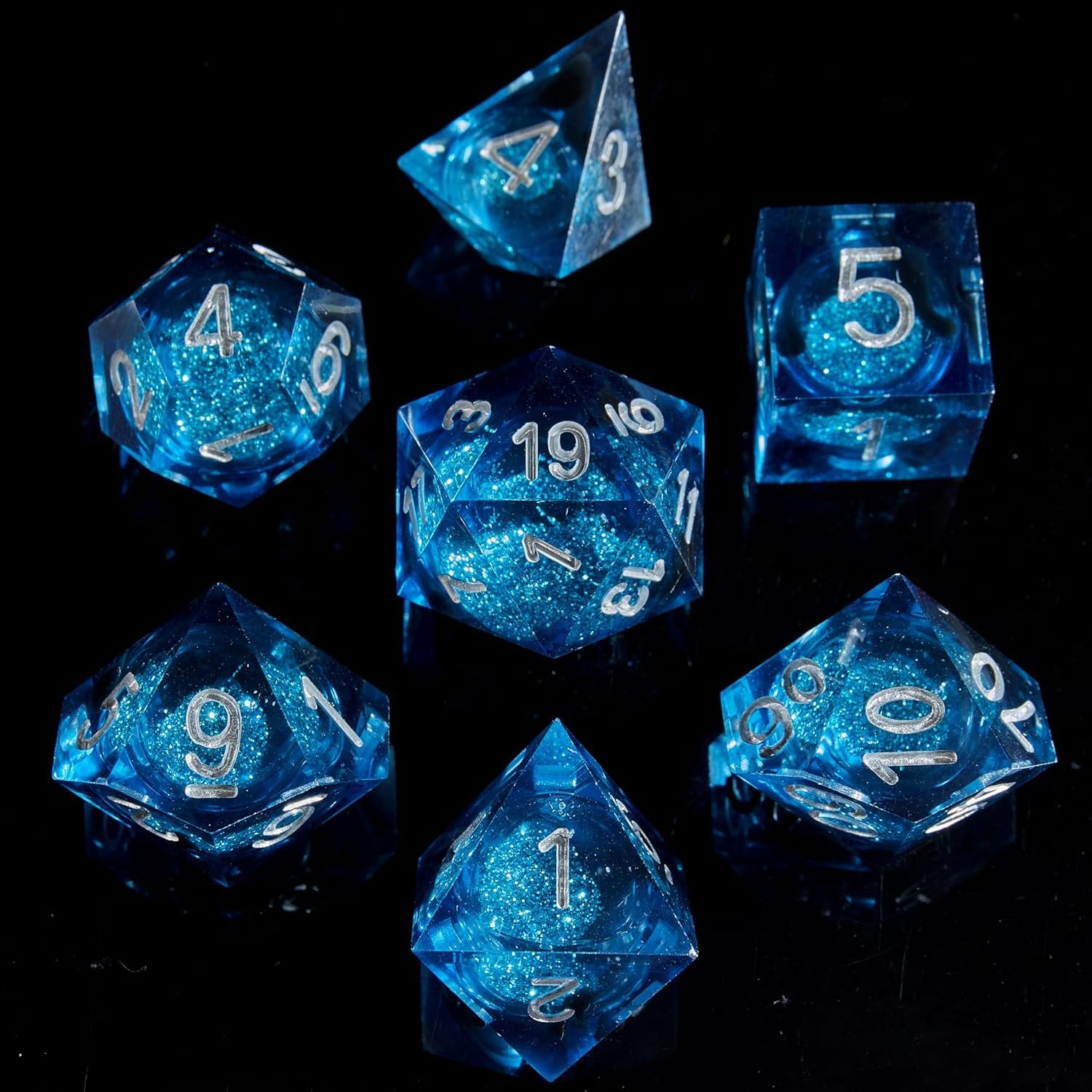 Handcrafted 7-Piece Blue Sand & Silver DND Dice Set with Liquid Core and Gift Case - Perfect for Dungeons & Dragons and RPG Table Games