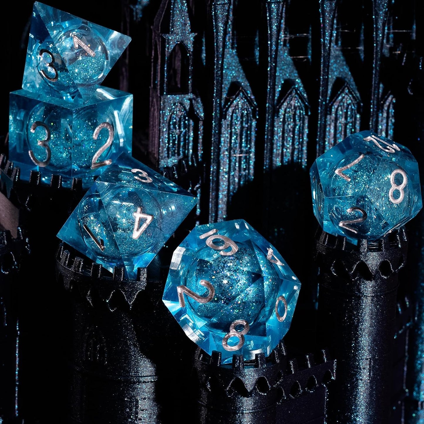Handcrafted 7-Piece Blue Sand & Silver DND Dice Set with Liquid Core and Gift Case - Perfect for Dungeons & Dragons and RPG Table Games