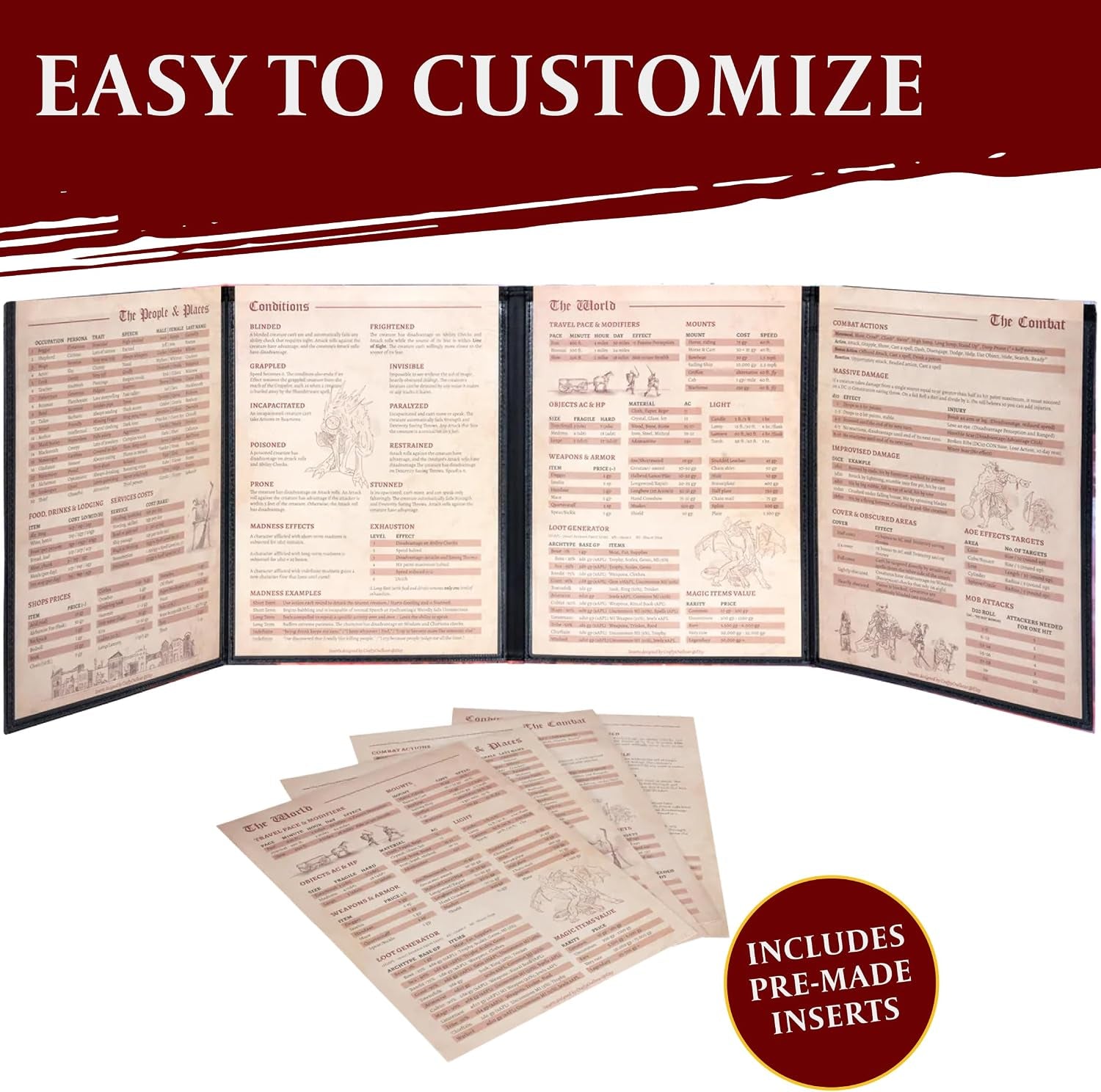 DND DM Screen 5E - D&D Dungeon Master Screen Full Color Print with Customizable Inserts - Dungeons and Dragons GM / Game Master Accessories Gift for Man or Woman. Hide Your Dice Rolls, Maps & Books.