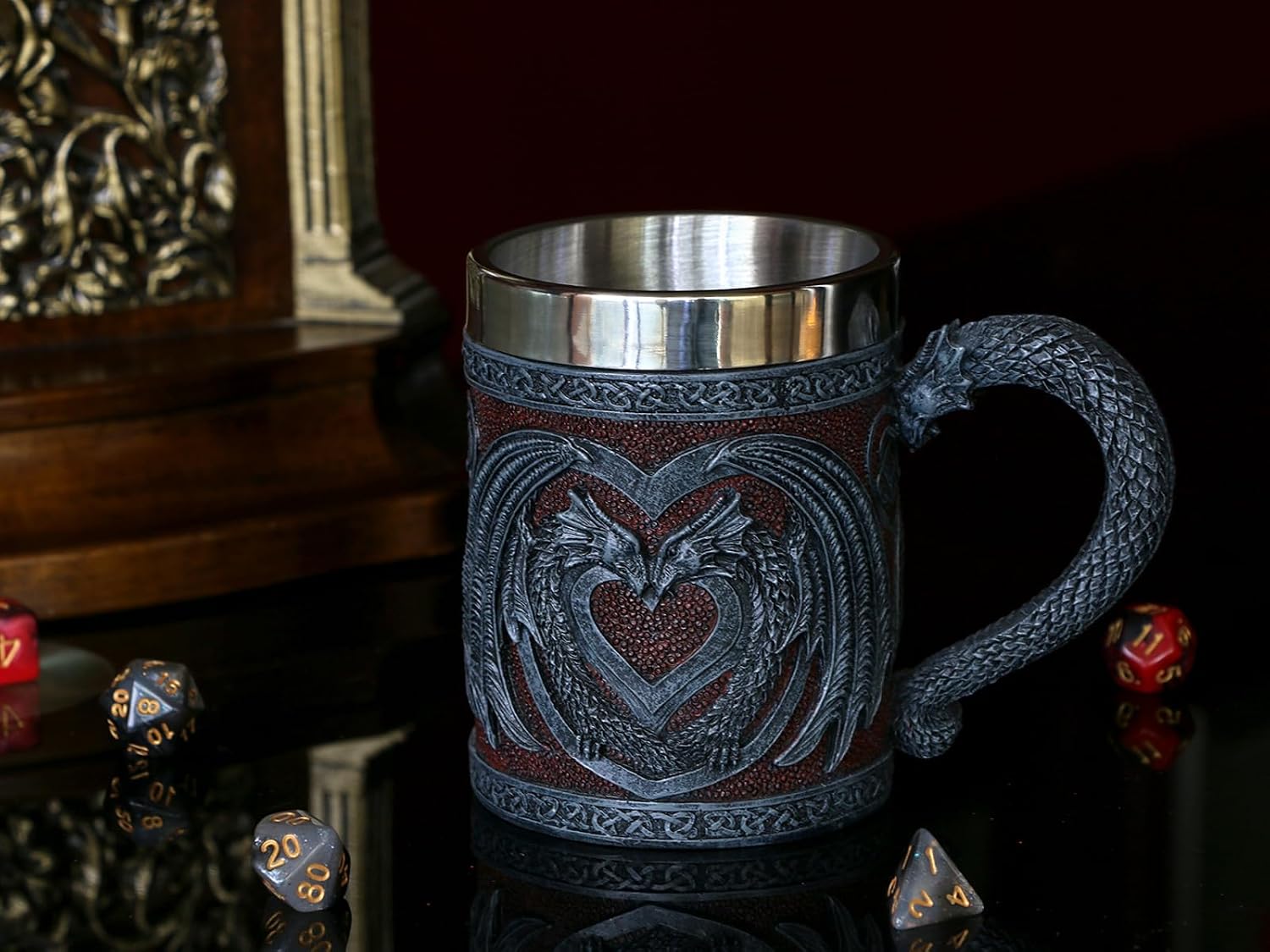 Medieval GOT Dragon Coffee Mug - Heart Design Double Dragons | a Perfect Game Mug of Thrones Gift for Fans, Dungeons and Dragons Mugs for Adults, Valentines, Weddings, Stainless Steel Mug