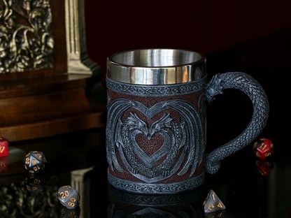 Medieval GOT Dragon Coffee Mug - Heart Design Double Dragons | a Perfect Game Mug of Thrones Gift for Fans, Dungeons and Dragons Mugs for Adults, Valentines, Weddings, Stainless Steel Mug