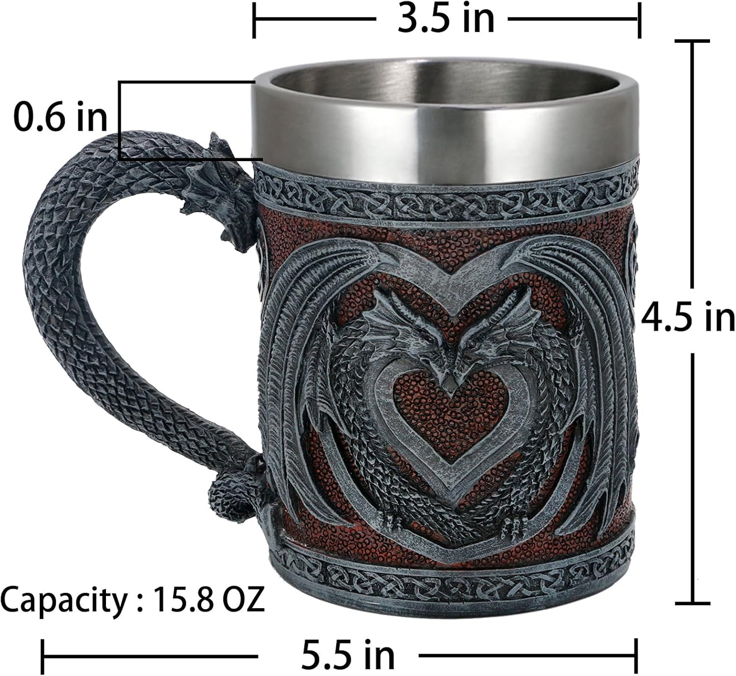 Medieval GOT Dragon Coffee Mug - Heart Design Double Dragons | a Perfect Game Mug of Thrones Gift for Fans, Dungeons and Dragons Mugs for Adults, Valentines, Weddings, Stainless Steel Mug
