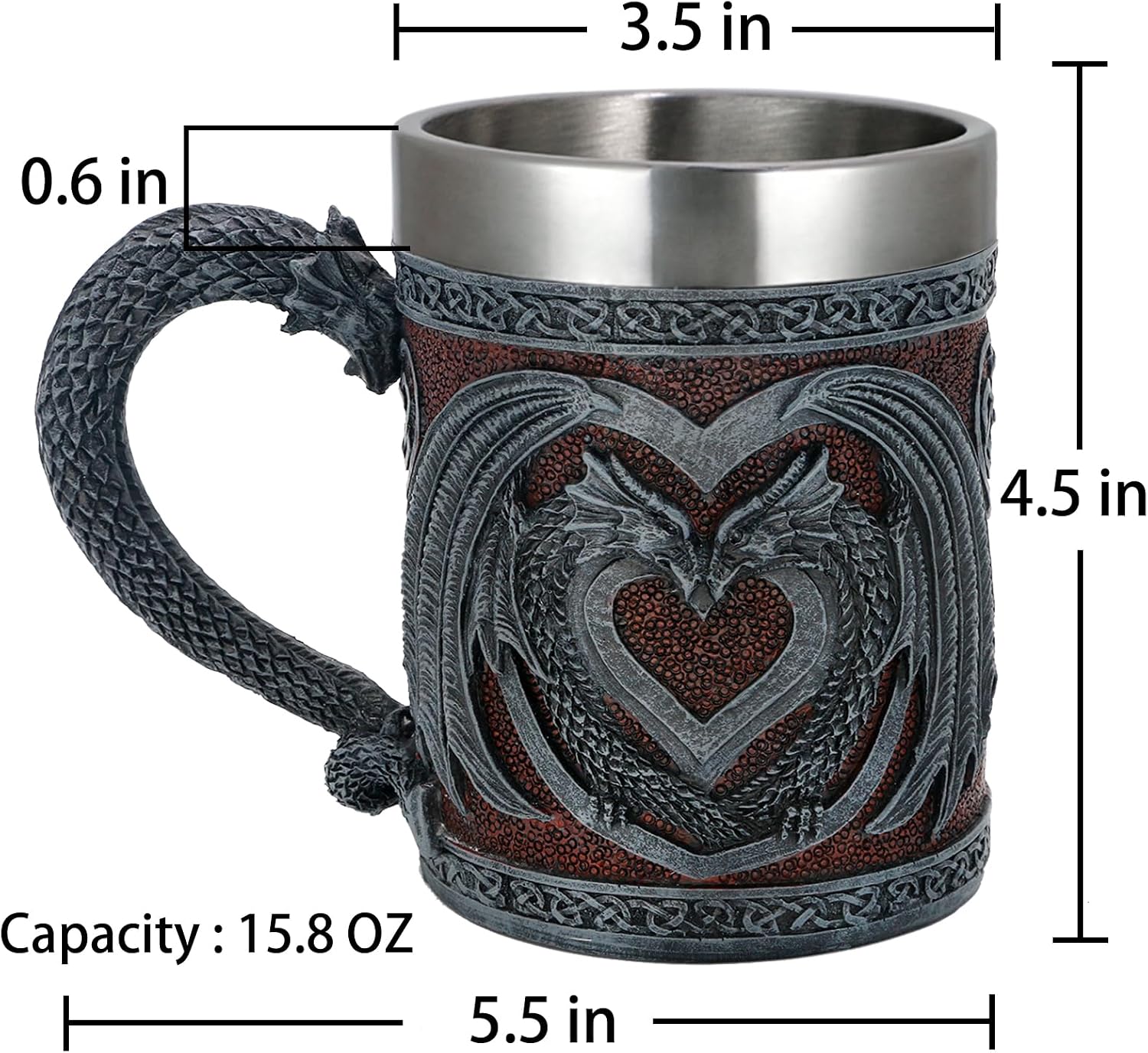 Medieval GOT Dragon Coffee Mug - Heart Design Double Dragons | a Perfect Game Mug of Thrones Gift for Fans, Dungeons and Dragons Mugs for Adults, Valentines, Weddings, Stainless Steel Mug
