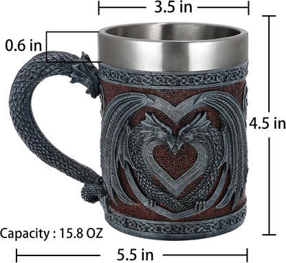 Medieval GOT Dragon Coffee Mug - Heart Design Double Dragons | a Perfect Game Mug of Thrones Gift for Fans, Dungeons and Dragons Mugs for Adults, Valentines, Weddings, Stainless Steel Mug