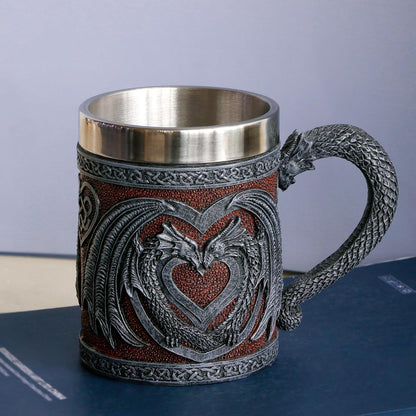 Medieval GOT Dragon Coffee Mug - Heart Design Double Dragons | a Perfect Game Mug of Thrones Gift for Fans, Dungeons and Dragons Mugs for Adults, Valentines, Weddings, Stainless Steel Mug