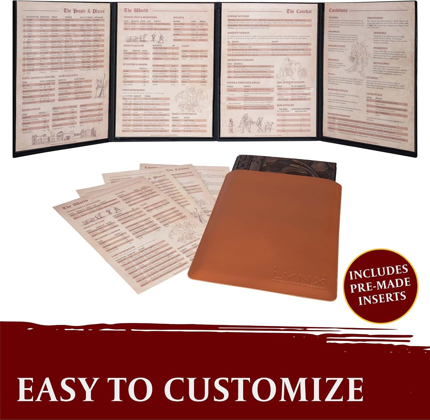 DND DM Screen 5E - D&D Dungeon Master Screen 3D Faux Leather with Customizable Inserts - Dungeons & Dragons GM / Game Master Accessories Gift for Man or Woman. Hide Dice Rolls, Maps & Books (Bronze).