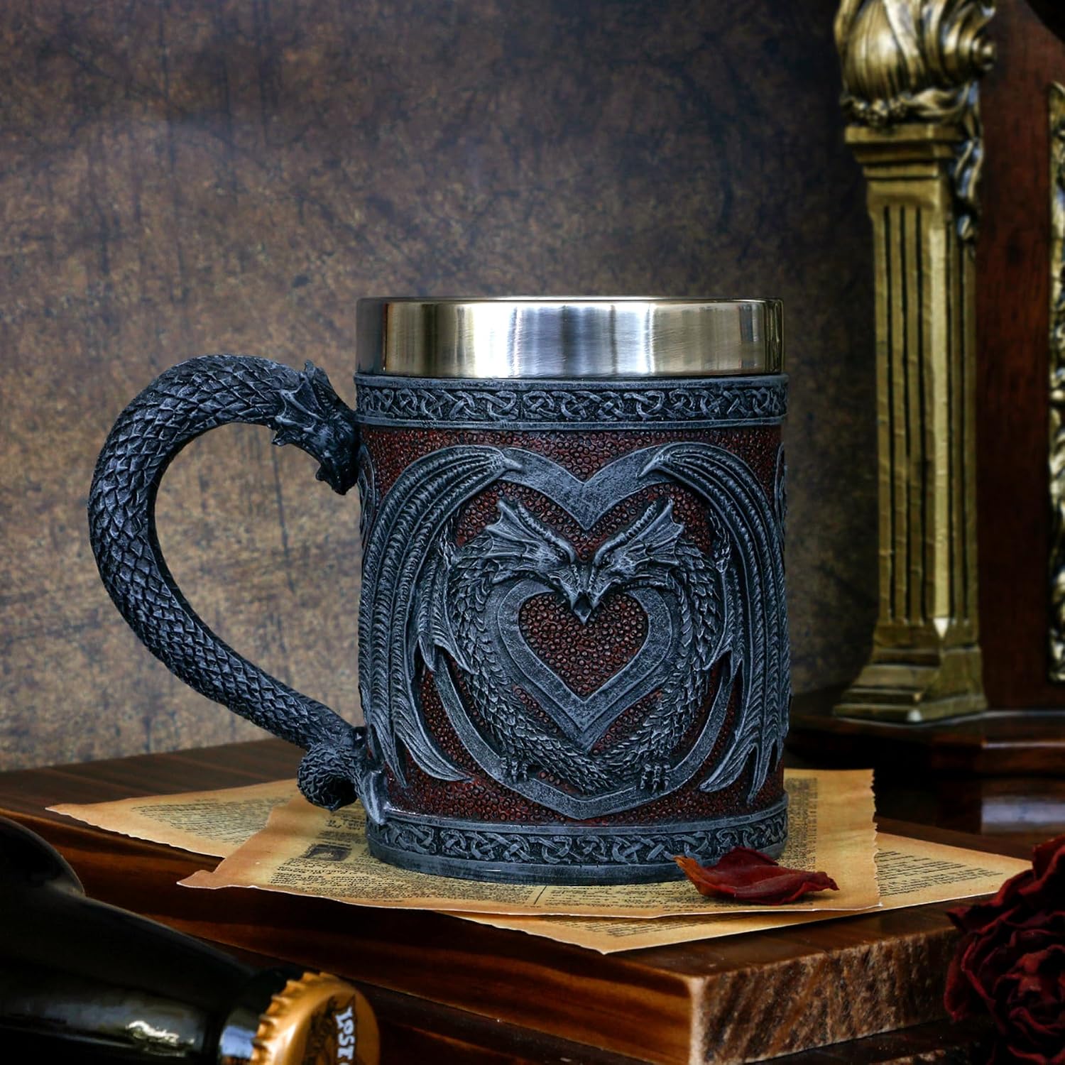 Medieval GOT Dragon Coffee Mug - Heart Design Double Dragons | a Perfect Game Mug of Thrones Gift for Fans, Dungeons and Dragons Mugs for Adults, Valentines, Weddings, Stainless Steel Mug