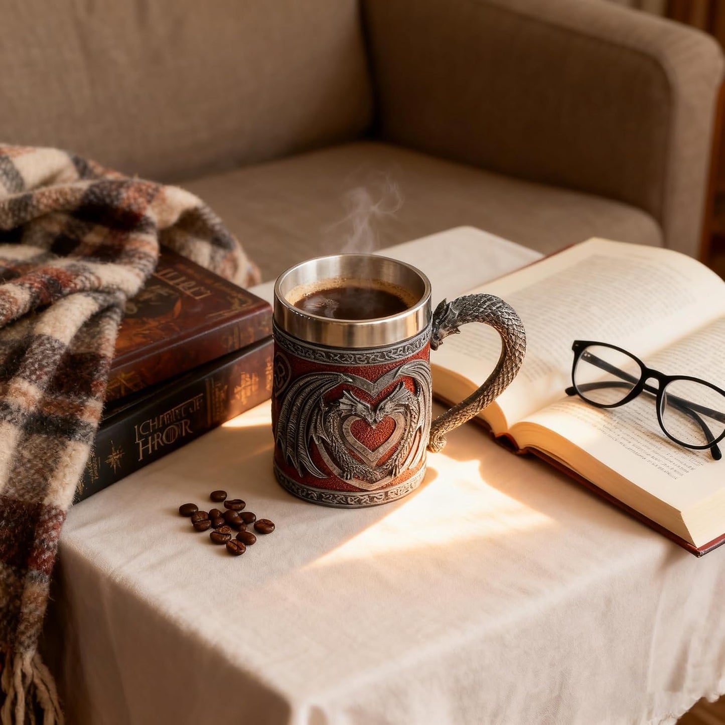 Medieval GOT Dragon Coffee Mug - Heart Design Double Dragons | a Perfect Game Mug of Thrones Gift for Fans, Dungeons and Dragons Mugs for Adults, Valentines, Weddings, Stainless Steel Mug