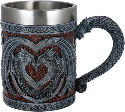Medieval GOT Dragon Coffee Mug - Heart Design Double Dragons | a Perfect Game Mug of Thrones Gift for Fans, Dungeons and Dragons Mugs for Adults, Valentines, Weddings, Stainless Steel Mug