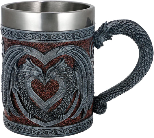 Medieval GOT Dragon Coffee Mug - Heart Design Double Dragons | a Perfect Game Mug of Thrones Gift for Fans, Dungeons and Dragons Mugs for Adults, Valentines, Weddings, Stainless Steel Mug