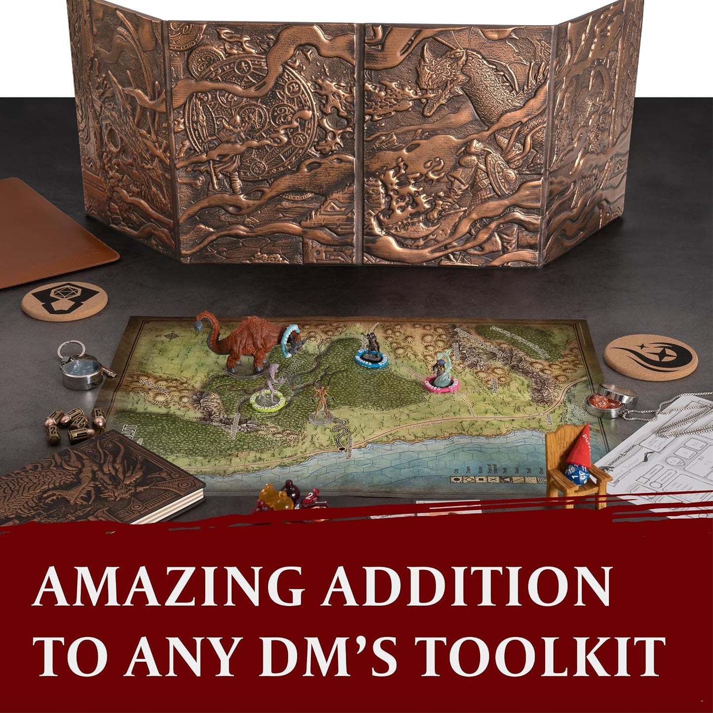 DND DM Screen 5E - D&D Dungeon Master Screen 3D Faux Leather with Customizable Inserts - Dungeons & Dragons GM / Game Master Accessories Gift for Man or Woman. Hide Dice Rolls, Maps & Books (Bronze).