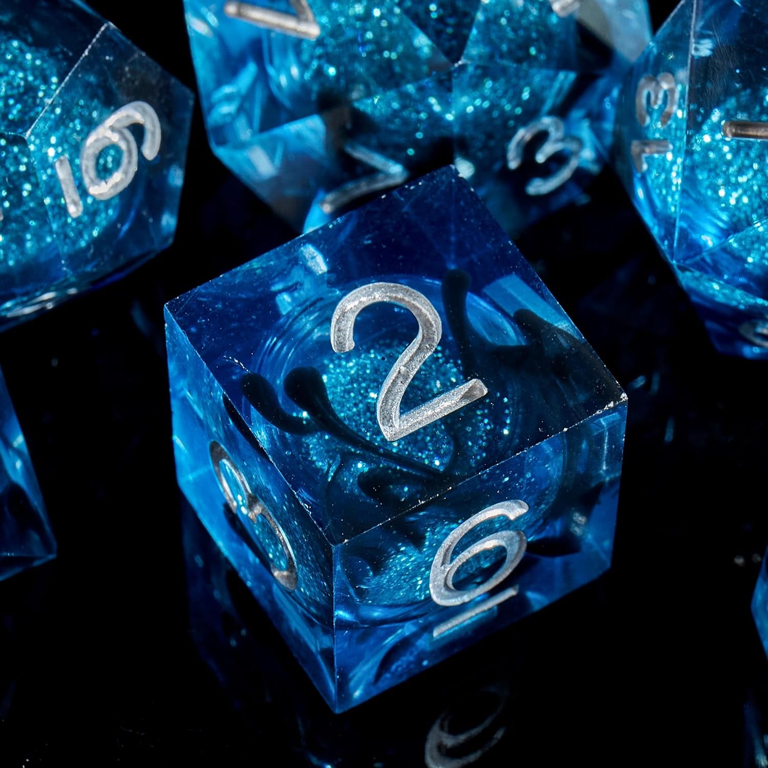 Handcrafted 7-Piece Blue Sand & Silver DND Dice Set with Liquid Core and Gift Case - Perfect for Dungeons & Dragons and RPG Table Games