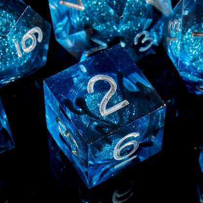 Handcrafted 7-Piece Blue Sand & Silver DND Dice Set with Liquid Core and Gift Case - Perfect for Dungeons & Dragons and RPG Table Games
