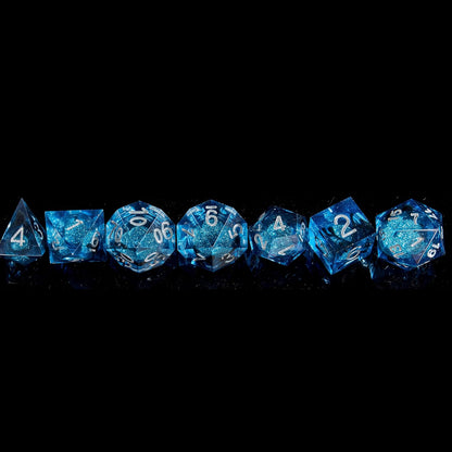 Handcrafted 7-Piece Blue Sand & Silver DND Dice Set with Liquid Core and Gift Case - Perfect for Dungeons & Dragons and RPG Table Games