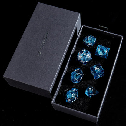 Handcrafted 7-Piece Blue Sand & Silver DND Dice Set with Liquid Core and Gift Case - Perfect for Dungeons & Dragons and RPG Table Games