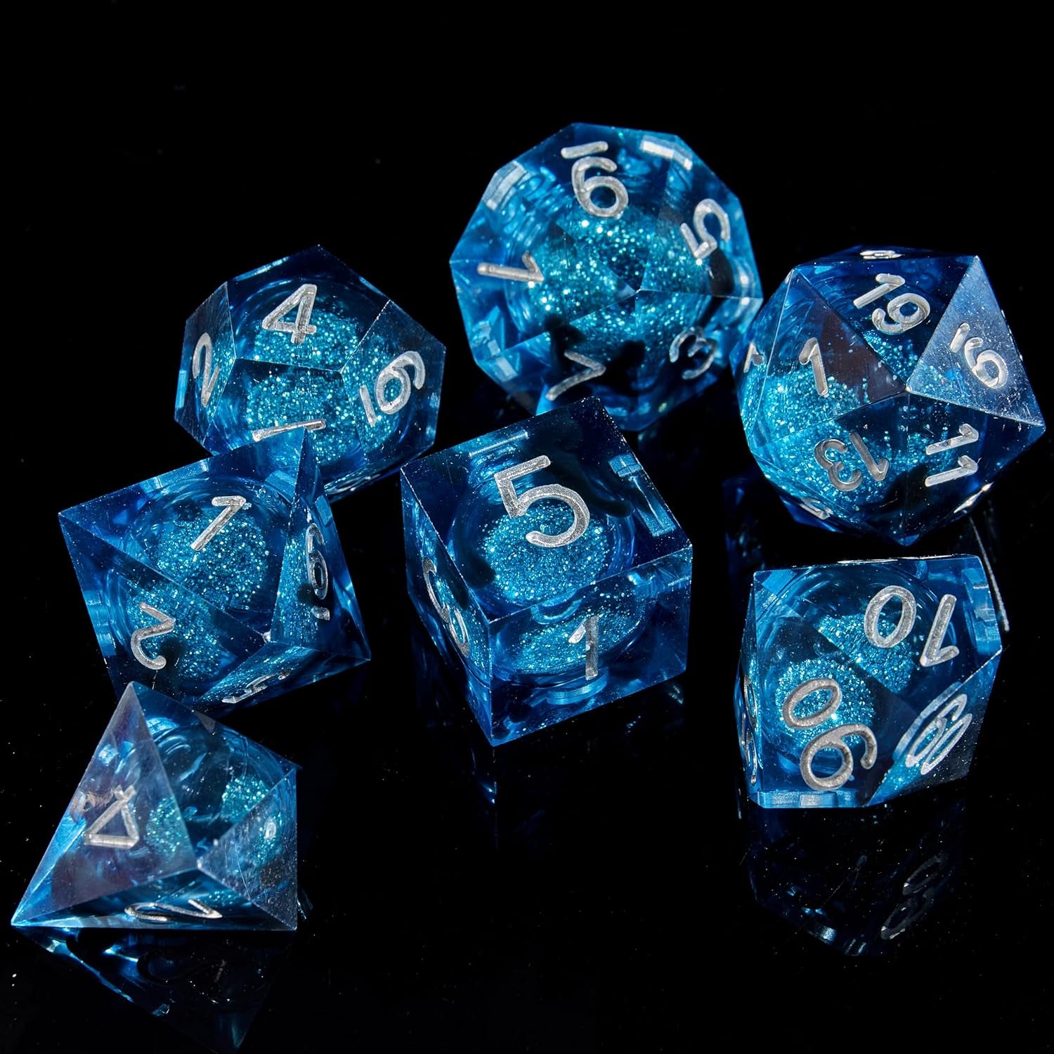 Handcrafted 7-Piece Blue Sand & Silver DND Dice Set with Liquid Core and Gift Case - Perfect for Dungeons & Dragons and RPG Table Games