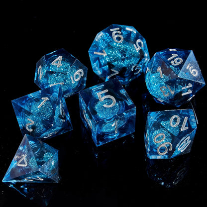 Handcrafted 7-Piece Blue Sand & Silver DND Dice Set with Liquid Core and Gift Case - Perfect for Dungeons & Dragons and RPG Table Games