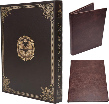 Game Master Screen - 30In Portrait DM Screen Compatible with Dungeons and Dragons and Other TTRPG - Faux Dragon Skin with Clear Dry Erase 8.5 X 11 Pockets - Slipcase Stores with DND Books - Brown